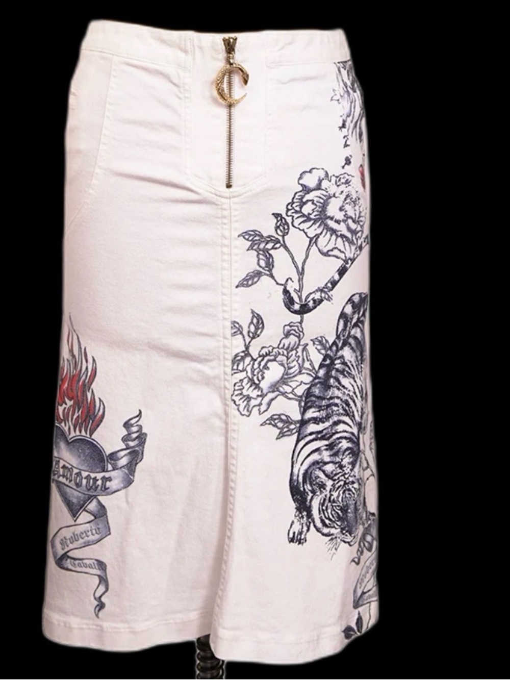 Roberto Cavalli White Midi Skirt with Graphic Tiger & Heart Motifs